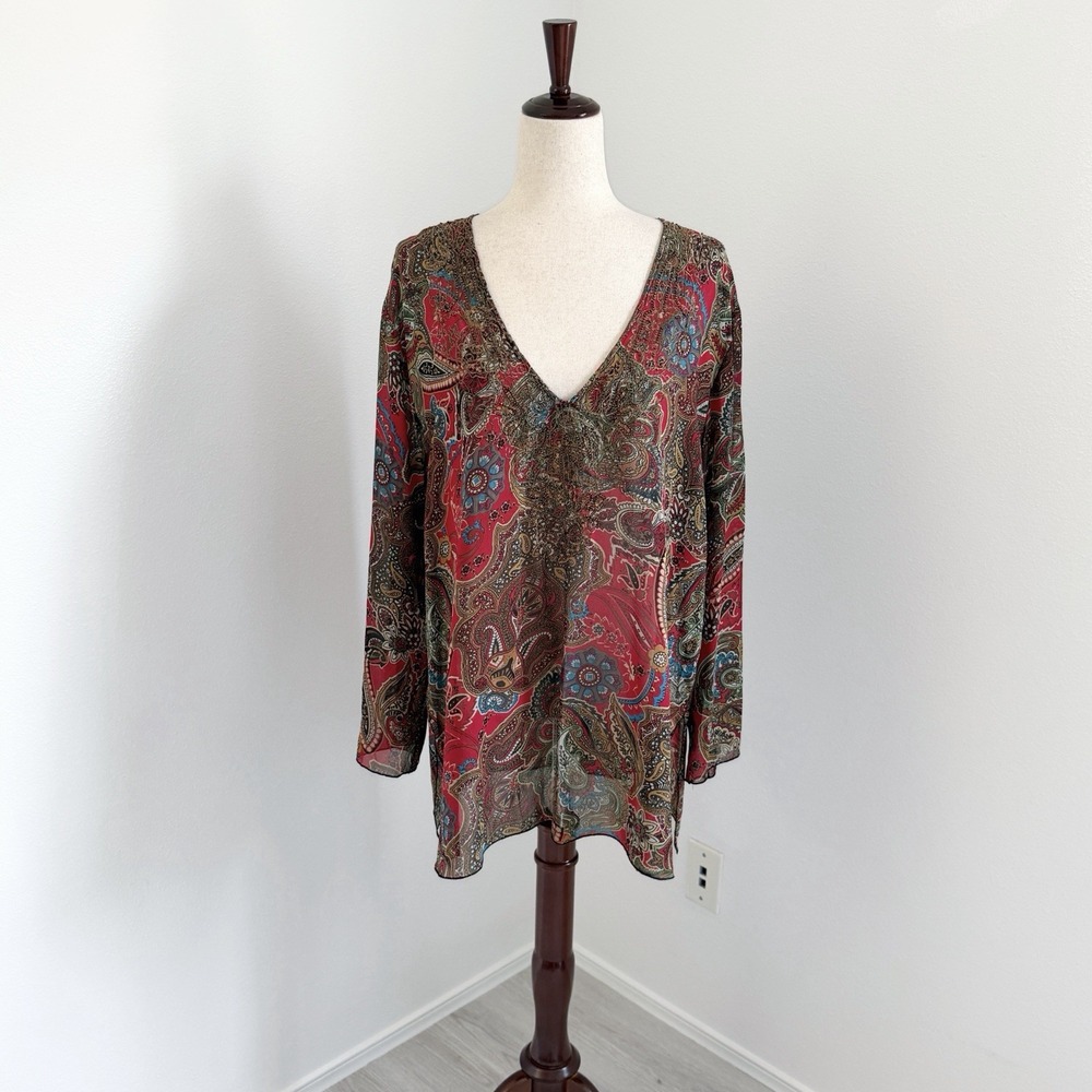 VTG Chicos 100% Silk Top Womens 3/XL Red Paisley Beaded Boho Artsy Eclectic